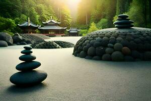 un' zen giardino con rocce e acqua. ai-generato foto