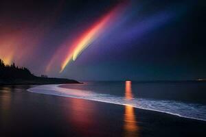 un' arcobaleno leggero brilla al di sopra di il oceano e spiaggia. ai-generato foto