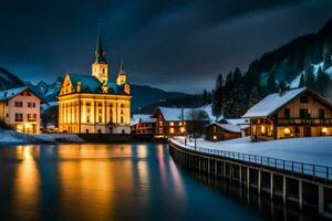 un' Chiesa e un' lago a notte. ai-generato foto