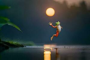 un' rana salto in il acqua a tramonto. ai-generato foto