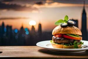 un' Hamburger con pomodori e lattuga su un' piatto con un' paesaggio urbano nel il sfondo. ai-generato foto