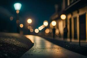 un' strada a notte con luci su il strada. ai-generato foto