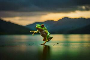 un' rana salto su il acqua a tramonto. ai-generato foto