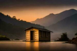 un' piccolo capanna si siede su il bordo di un' lago a tramonto. ai-generato foto