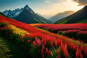 un' bellissimo campo di fiori con montagne nel il sfondo. ai-generato foto
