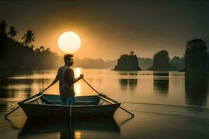 un' uomo nel un' barca a tramonto. ai-generato foto