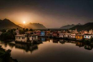 tramonto al di sopra di il cittadina di Kadakola, India. ai-generato foto