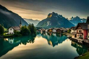 un' bellissimo lago e montagna cittadina nel il Alpi. ai-generato foto