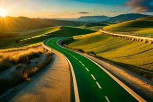 un' verde strada avvolgimento attraverso il colline a tramonto. ai-generato foto