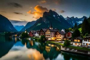 foto sfondo montagne, il cielo, acqua, lago, Casa, Casa, Casa, casa,. ai-generato