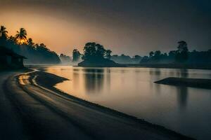 il sole sorge al di sopra di un' fiume nel il mattina. ai-generato foto