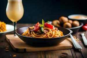 spaghetti con carne e verdure nel un' ciotola. ai-generato foto