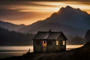 un' piccolo cabina si siede su il lato di un' lago a tramonto. ai-generato foto