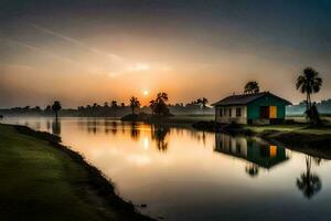 un' piccolo Casa si siede su il bordo di un' lago a tramonto. ai-generato foto