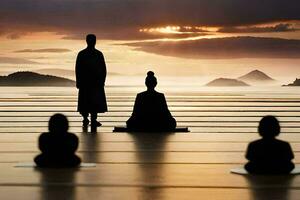 sagome di persone seduta nel meditazione su un' spiaggia. ai-generato foto