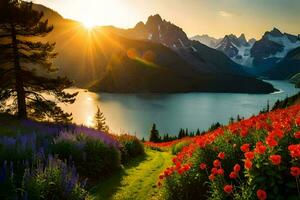 il sole brilla al di sopra di un' lago e fiori nel il montagne. ai-generato foto