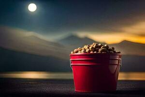 un' secchio di arachidi su un' tavolo nel davanti di un' pieno Luna. ai-generato foto