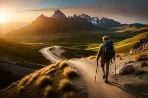 un' uomo con un' zaino e trekking poli a piedi su un' sporco strada nel il montagne. ai-generato foto