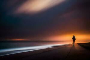 un' uomo passeggiate lungo il spiaggia a tramonto. ai-generato foto