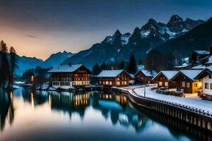 un' inverno scena con case e montagne nel il sfondo. ai-generato foto