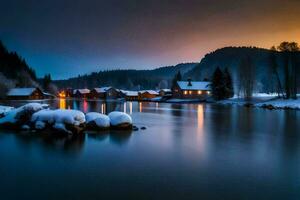 un' inverno scena con neve coperto case e un' fiume. ai-generato foto