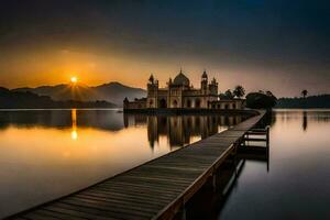 il sole sorge al di sopra di un' lago e un' moschea. ai-generato foto