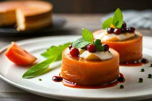 Due piccolo torte con frutta e formaggio su un' piatto. ai-generato foto