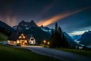 un' Casa nel il montagne a notte. ai-generato foto