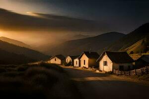 un' strada principale per un' piccolo villaggio a tramonto. ai-generato foto