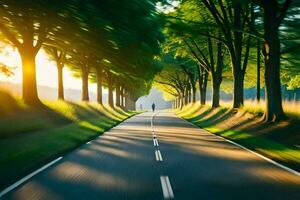 un' uomo è a piedi giù un' strada nel il mezzo di un' foresta. ai-generato foto