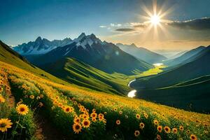 il sole sorge al di sopra di il montagne e girasoli nel il valle. ai-generato foto