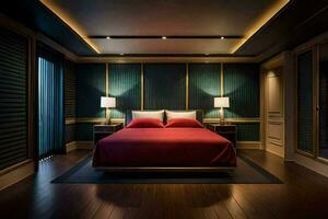 un' Camera da letto con un' rosso letto e di legno piani. ai-generato foto