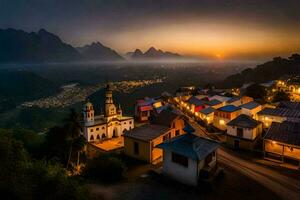 un' villaggio a tramonto nel il montagne. ai-generato foto