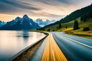 un' strada con montagne nel il sfondo e acqua. ai-generato foto