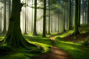 un' sentiero attraverso un' foresta con alberi e erba. ai-generato foto