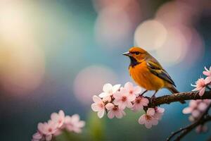 un' uccello è arroccato su un' ramo con rosa fiori. ai-generato foto