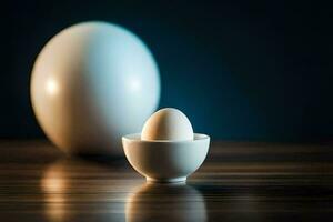 un uovo nel un' piccolo ciotola su un' tavolo. ai-generato foto
