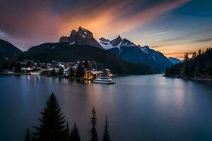 un' barca si siede nel il mezzo di un' lago a tramonto. ai-generato foto