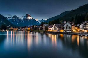 foto sfondo il cielo, montagne, lago, case, il città, Svizzera, il al. ai-generato