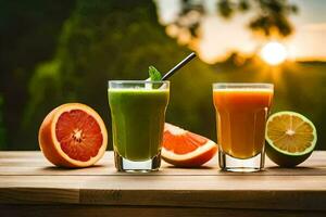 Due bicchieri di succo con arance e Uva. ai-generato foto