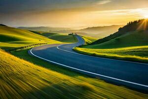 un' avvolgimento strada nel il colline a tramonto. ai-generato foto