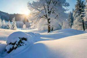 neve coperto alberi e rocce nel il sole. ai-generato foto