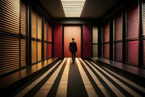 un' uomo in piedi nel un' corridoio con un' porta. ai-generato foto