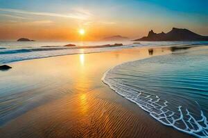 il sole sorge al di sopra di il oceano e il onde su il spiaggia. ai-generato foto