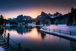 un' bellissimo tramonto al di sopra di un' lago e montagne. ai-generato foto