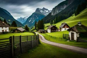 un' strada nel il montagne con un' piccolo villaggio. ai-generato foto