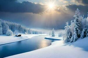 un' nevoso fiume e alberi nel il neve. ai-generato foto