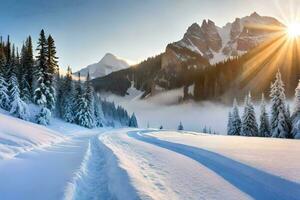 neve coperto montagne e alberi con sole splendente. ai-generato foto