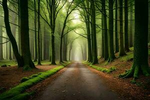 un' strada nel il mezzo di un' foresta con alberi. ai-generato foto