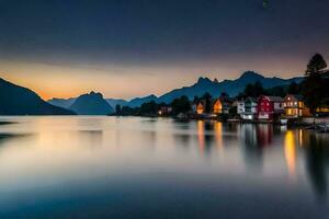 un' bellissimo tramonto al di sopra di un' lago con case e montagne. ai-generato foto